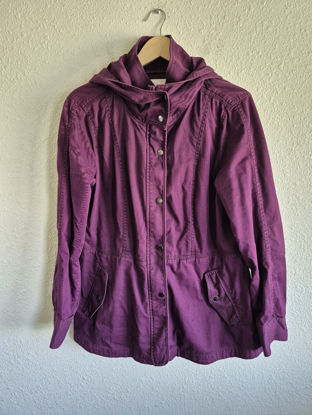 LOFT Plum Purple Utility Jacket Denim Hooded Coat Womens Size L
